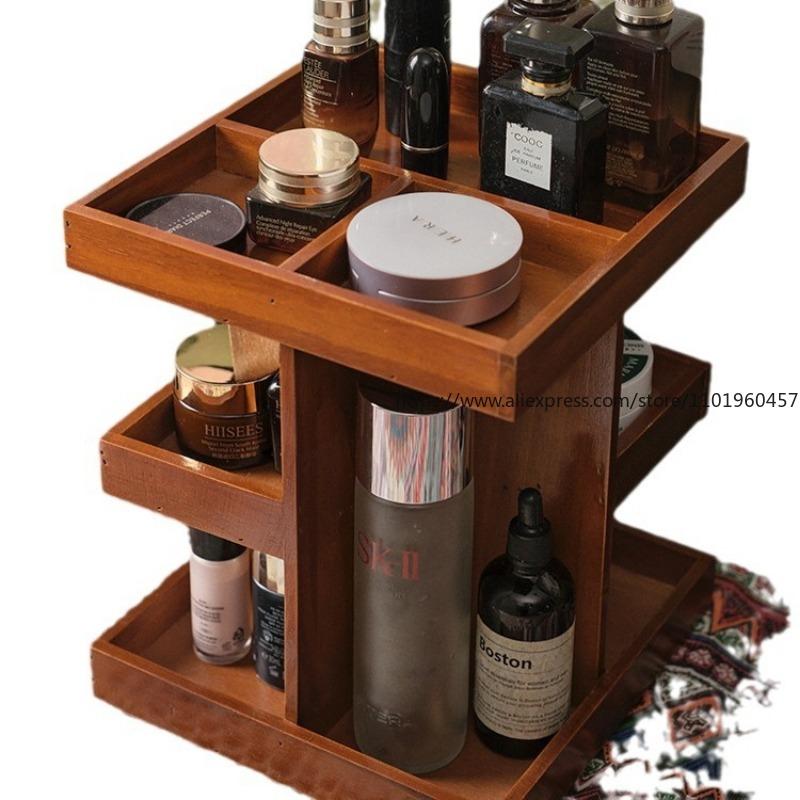360-Degree Rotating Wooden Cosmetics Desktop Dressing Table Skin Care Products Lipstick Organization And Storage Rack Layered