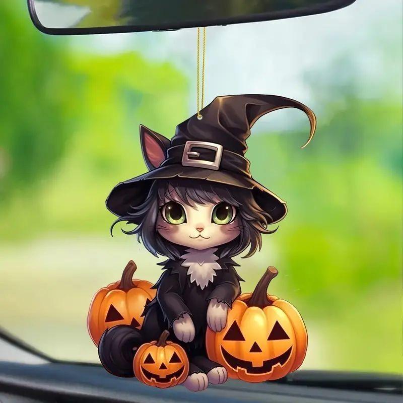 Halloween Flat Acrylic Surface Pendant With Cartoon Witch Cat Design Pumpkin