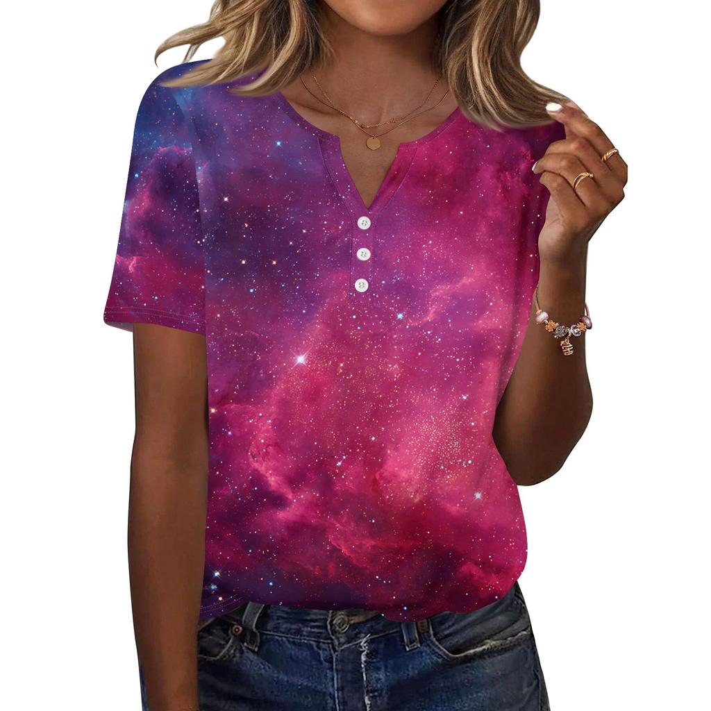 Damska Koszulka z Nadrukiem Guziki Krótki Rękaw Codzienna Weekendowa Moda Podstawowy Dekolt V Regularny Top