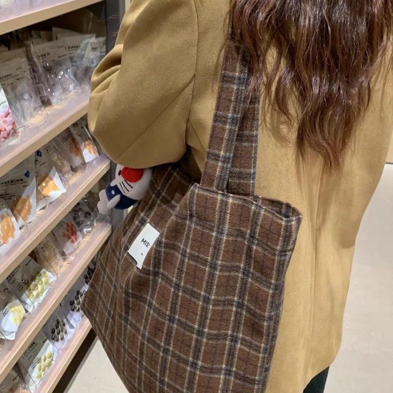 Холщовая сумка-тоут для поездок на работу большой вместимости - Клетчатая шерстяная сумка для осени/зимы