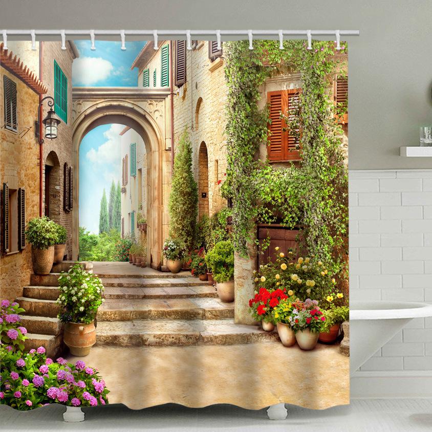 Pattern Landscape Bathroom Shower Curtain Waterproof Hook Bath Accessories Decor