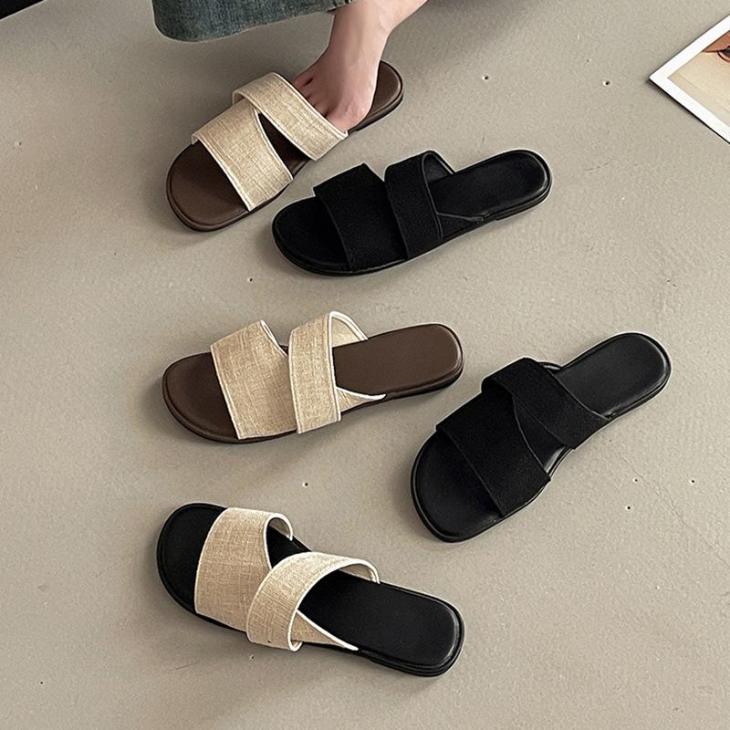 Stylish, simple and versatile linen square-headed open-toed flat-bottomed slippers for women's 2025 summer outdoor wear home beach cool slippers
