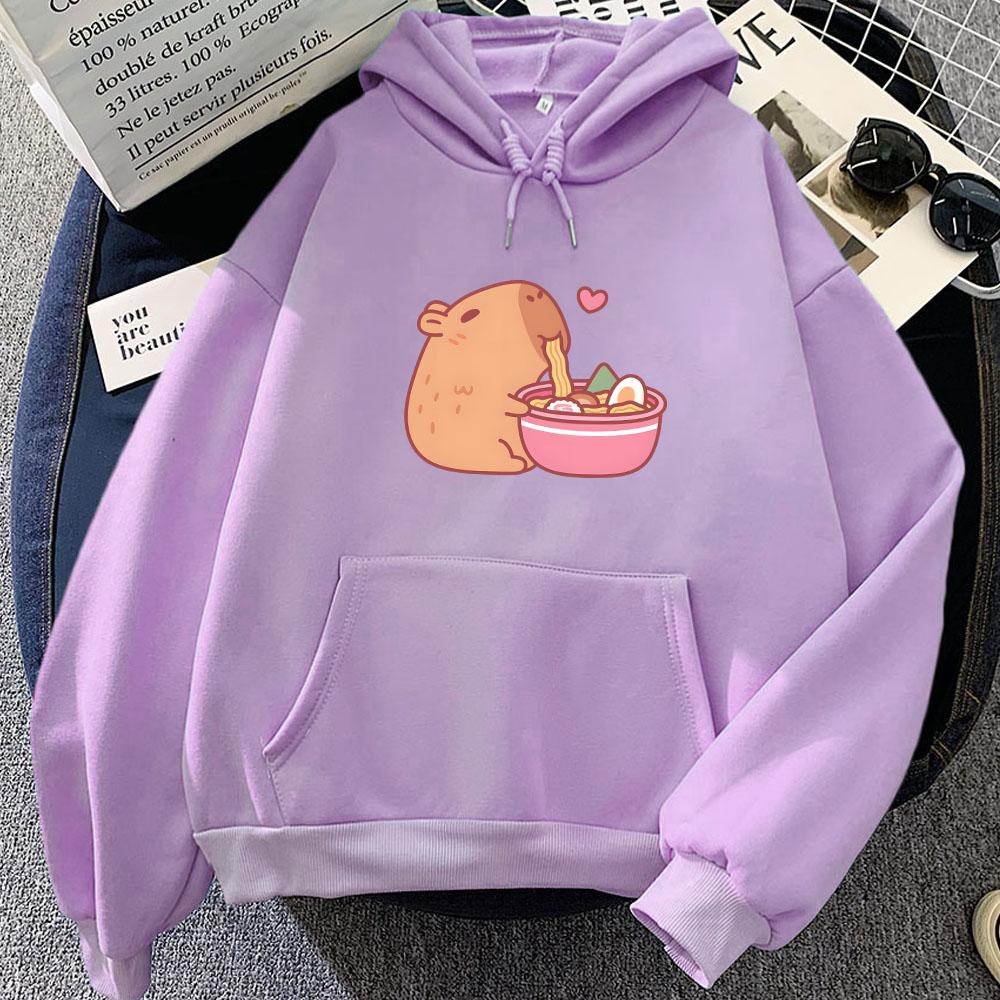 Cute Capybara Eating Ramen Hoodies Kawaii Cartoon Graphic Printing Sweatshirts Winter Hooded Pullovers Sudaderas Para Mujer Girl