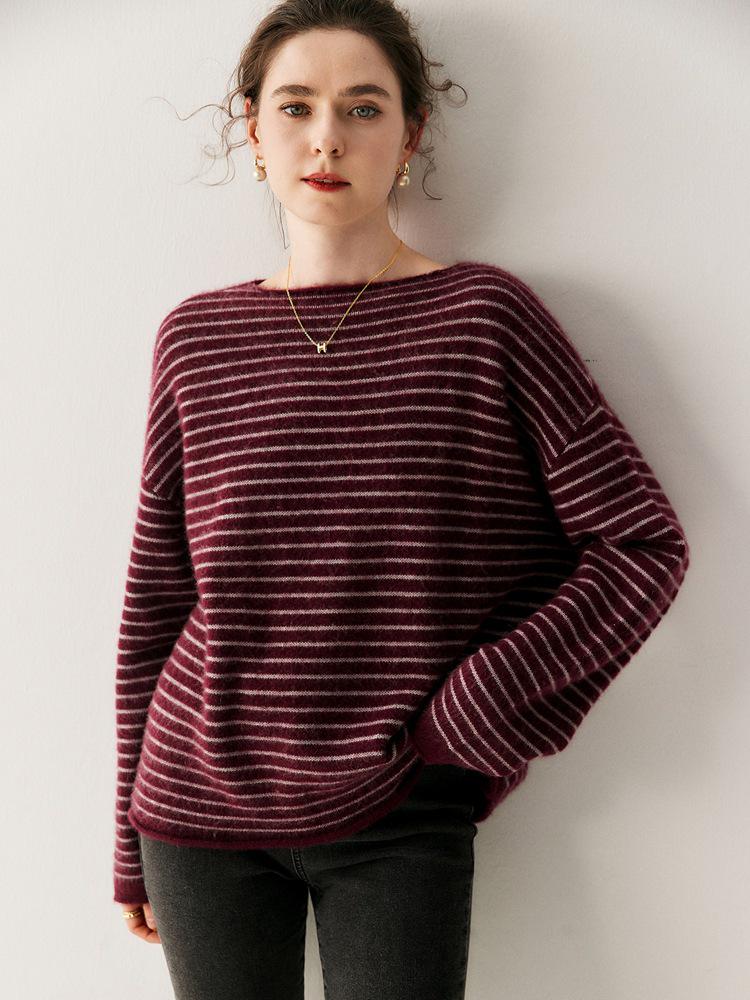One-Shoulder Oversized Striped Cashmere Sweater for Women - Korean Fashion Style