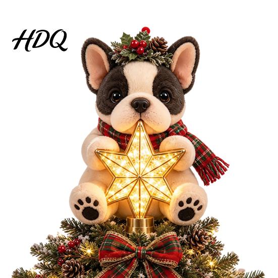 Cute Puppy Ornament Dog Christmas Tree Topper with Light Warm LED Star Plush Decoration Universal Base for Pet Lover Unique