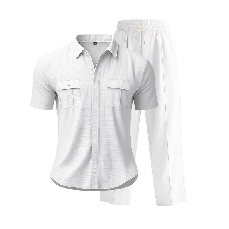 Men's European and American Casual Linen Short-Sleeve Shirt & Long Pants Set