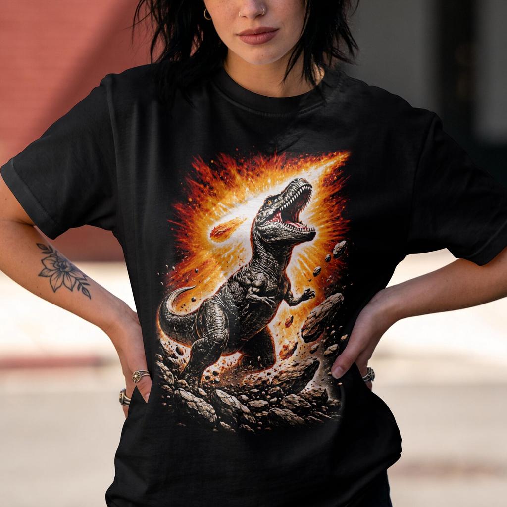 Retro T-Rex Meteor Impact Graphic Tee – 90s Dinosaur Prehistoric Top