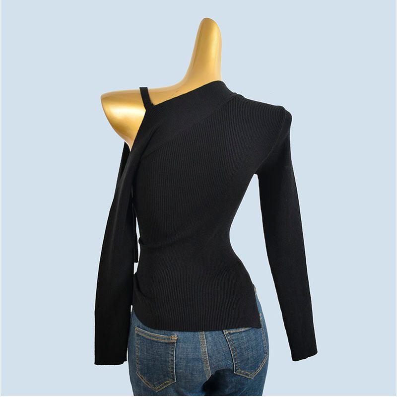 Glutinous Sexy off-the-Shoulder Knitted Bottoming Shirt Women's Long Sleeve Autumn and Winter Design Asymmetric Top Western Style Inner wear Sweater