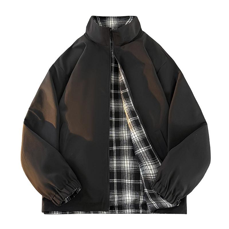 

Мужская клетчатая куртка двусторонняя для весны и осени, мужская куртка-кардиган с воротником-стойкой S чёрный