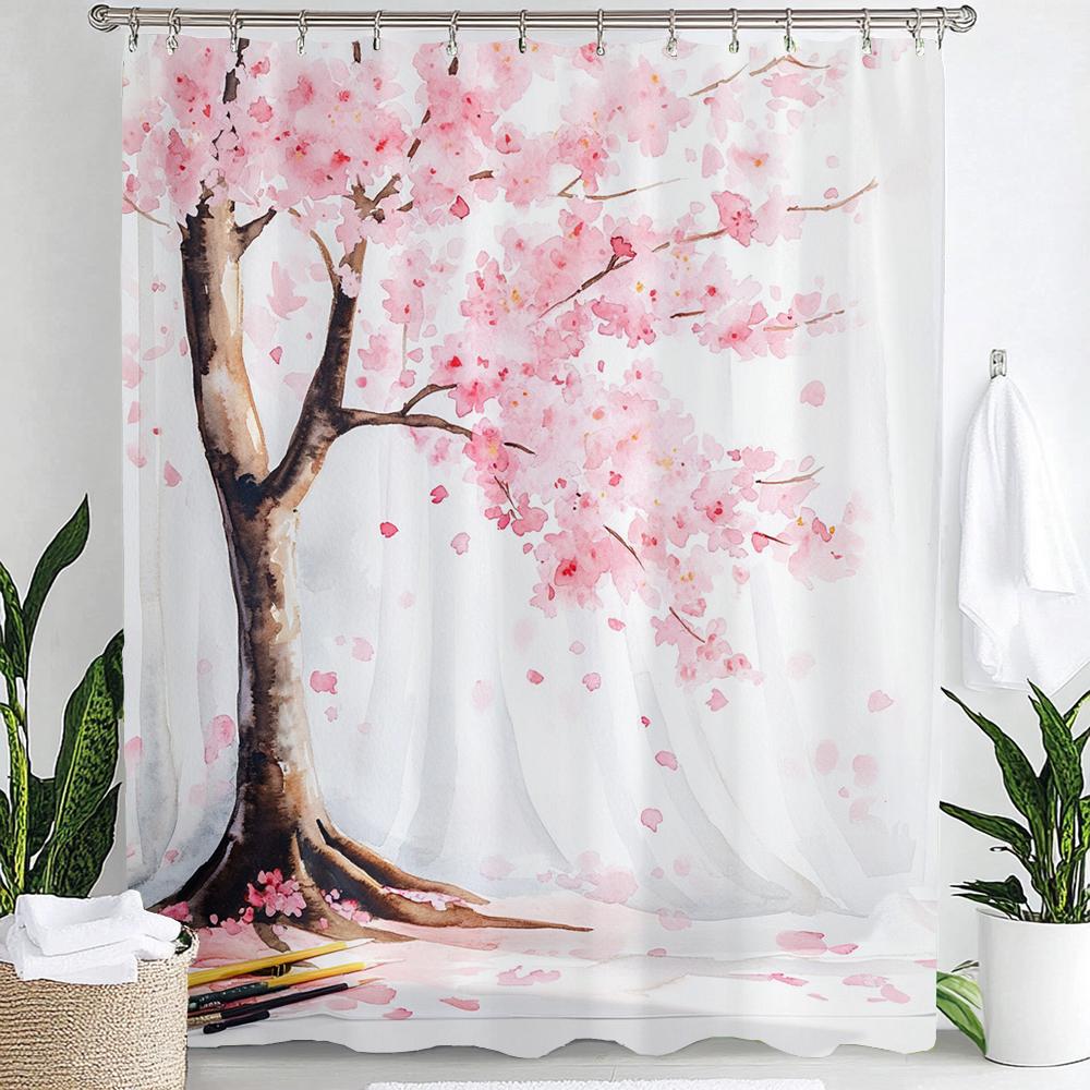 1pc Pink Plum Blossom Flower Print Waterproof Shower Partition Privacy Hanging Curtain with Hooks Multiple Size Machine Washable