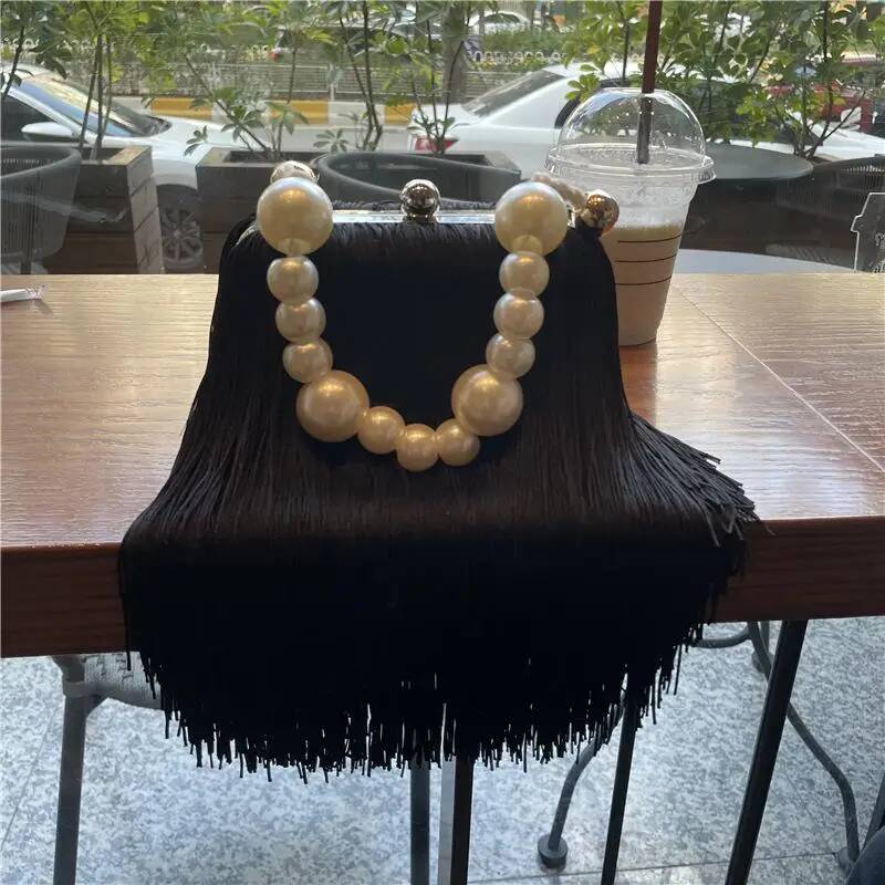 

Tassel Small Square Bag Female Pearl Chain Handbag Dinner Bag High Quality Long Tassel Clutch Bag Black Evening Bag