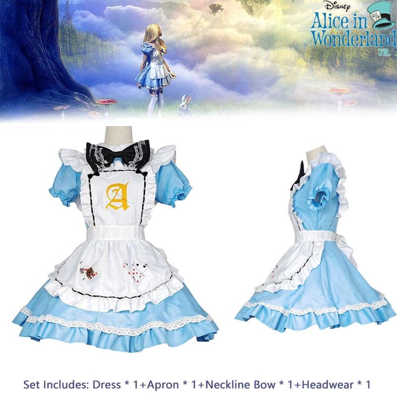 In Alice Wonderland Maid Dress Set Cosplay Costume Playing Card Pattern Fan Girl