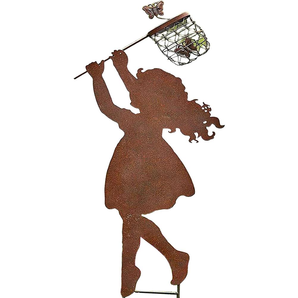 Children Silhouettes Chasing Metal Vintage Garden Silhouette Sculpture Yard Garden Metal Stake Decor