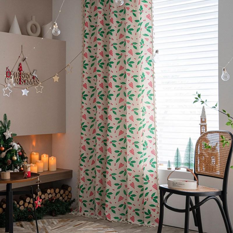 

America Style Christmas Pine Branches Cotton Linen Window Curtain with Tassels Blackout Drape for The Luxury Living Room Curtain W150 x H45cm&Threading Rod