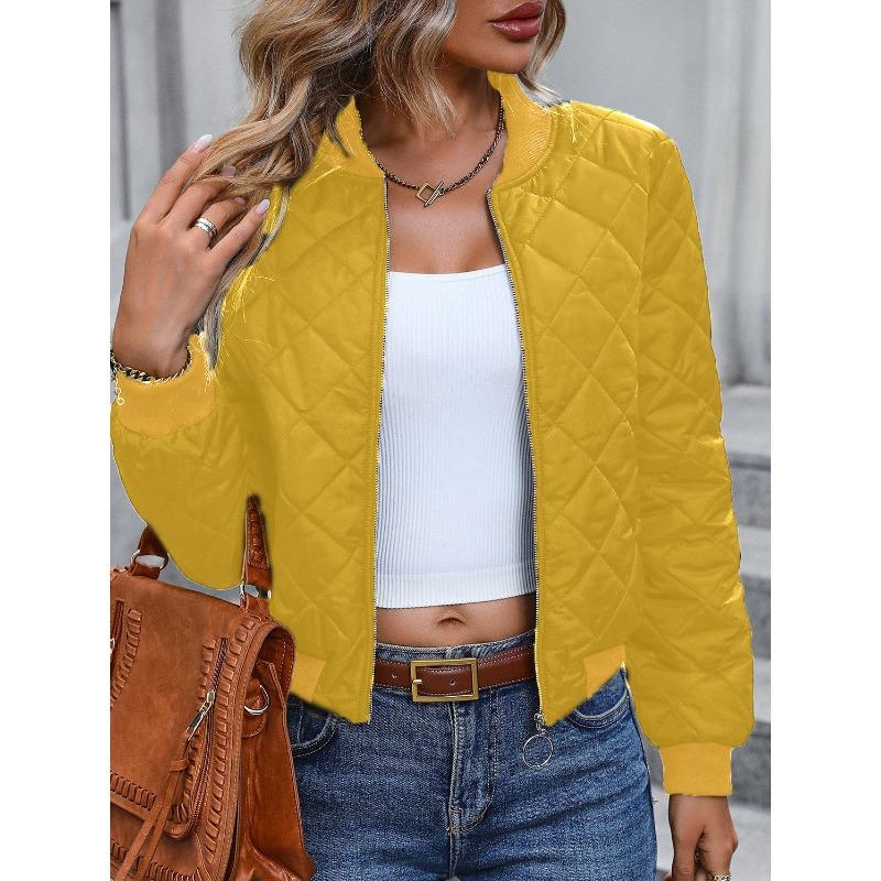 Women Quilted Bomber Jacket Zip Up Diamond Pattern Cropped Padded Coat Ribbed Trim Long Sleeve Casual Outerwear