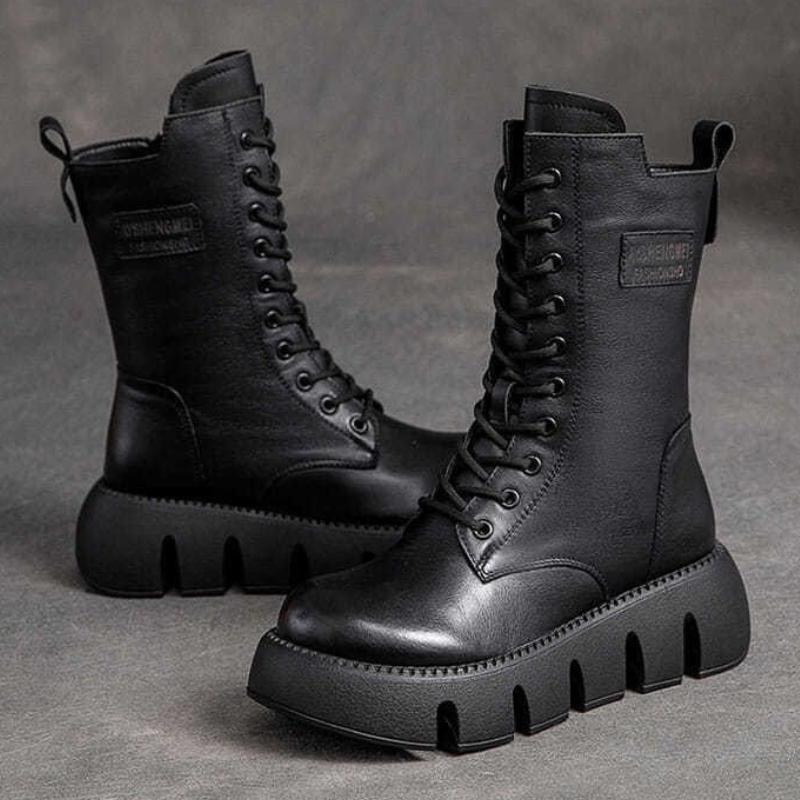 Fashion Winter Leather Women Boots Round Toe Mid-heel Ankle Boots for Women Lace Up Warm Snow Boots Retro Lady Platform Bikerboots Women