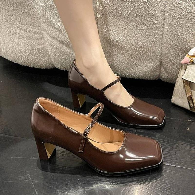 Shoes for Women 2024 on Heeled Ladies Summer Footwear Gothic Pumps Japanese Style Lolita Mary Jane Square Toe High Heels Black A