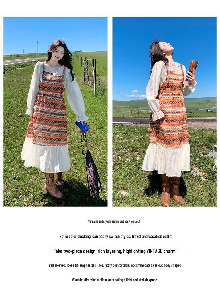 Ethnisch gestreiftes Rüschen-Langkleid – Herbst-Feiertagsmode 2025 für Damen