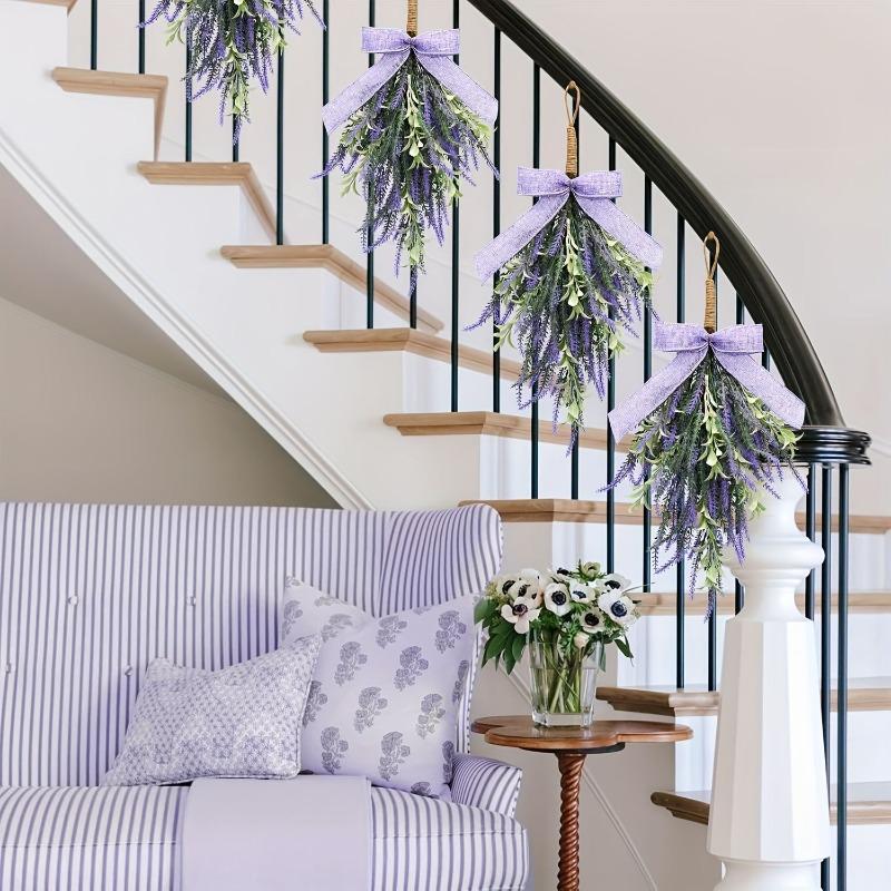 Simulated Artificial Lavender Bow Wall-mounted Purple Home Door Hanging with Green Plant Decoration On The Door Header