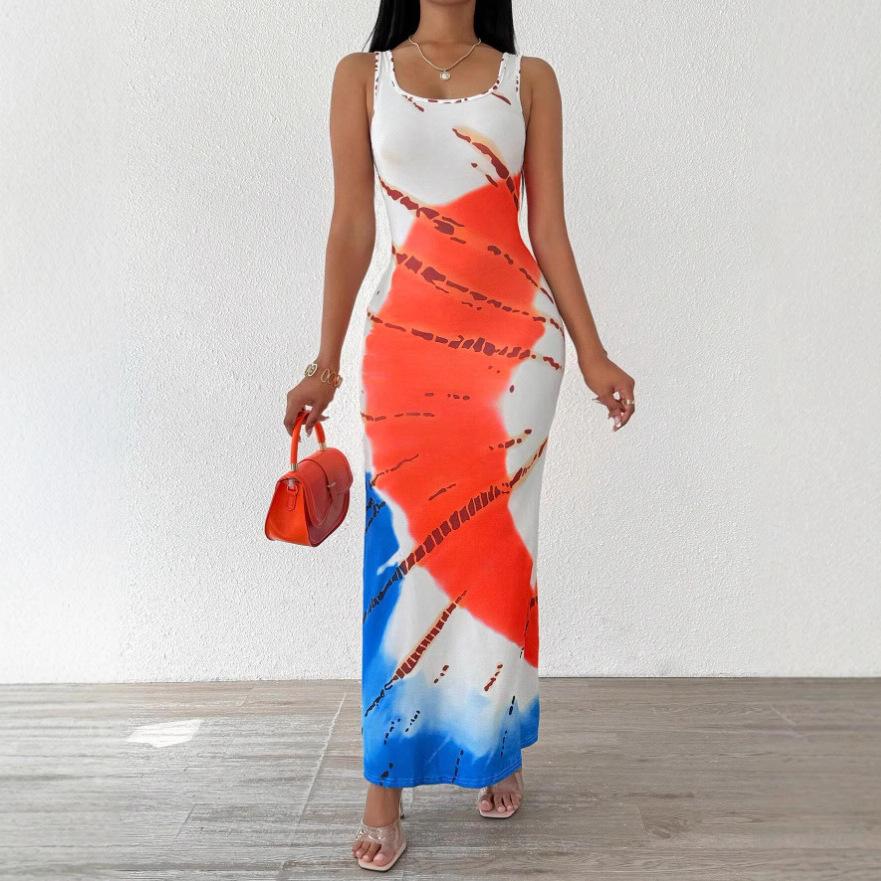 Women Summer Holiday Tie-dye Printed Package Hip One Piece Dress