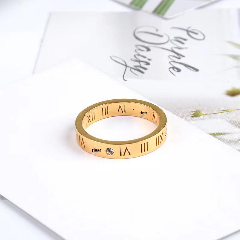 Korean Roman Numeral Diamond Ring: 24K Gold Titanium Steel, Fashionable Women's Tail Ring