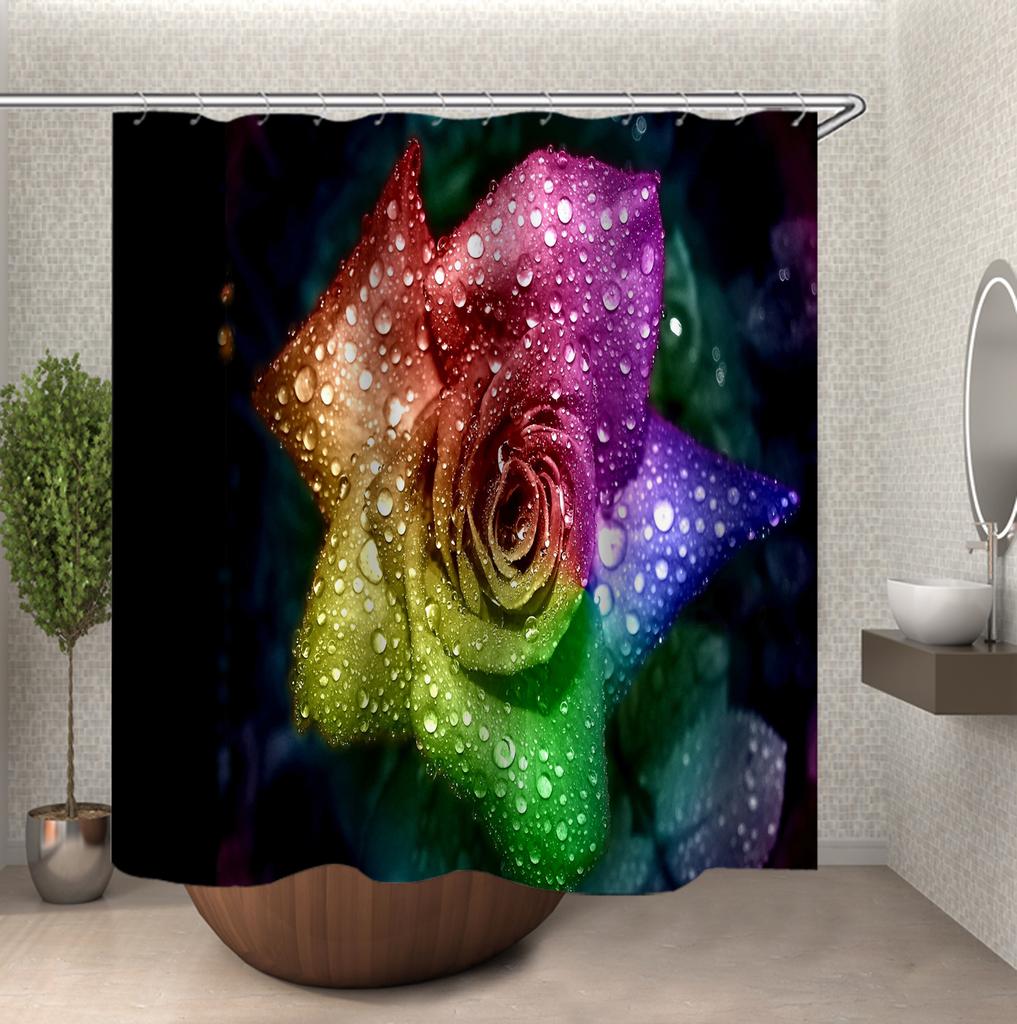 Rose Shower Curtain, Red Flower Fabric Bathroom Curtains Set with Hooks Floral Bathroom Decor Polyester Machine Washable