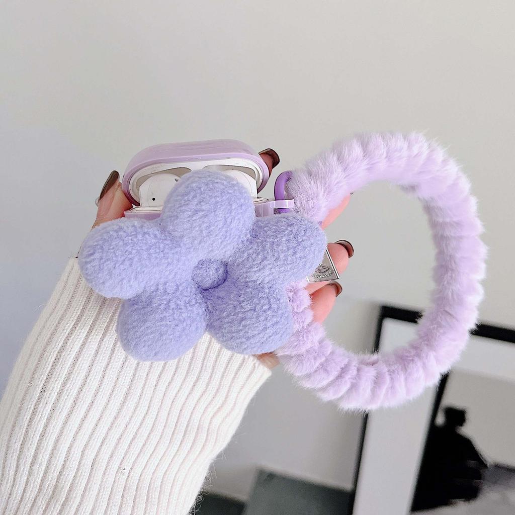 Fialový květ 3D náramek Plyšový hřejivý roztomilý kreslený bezdrátová Bluetooth krabička na nabíjení sluchátek pro Apple Airpod Pro 2. pouzdro 1 2 3