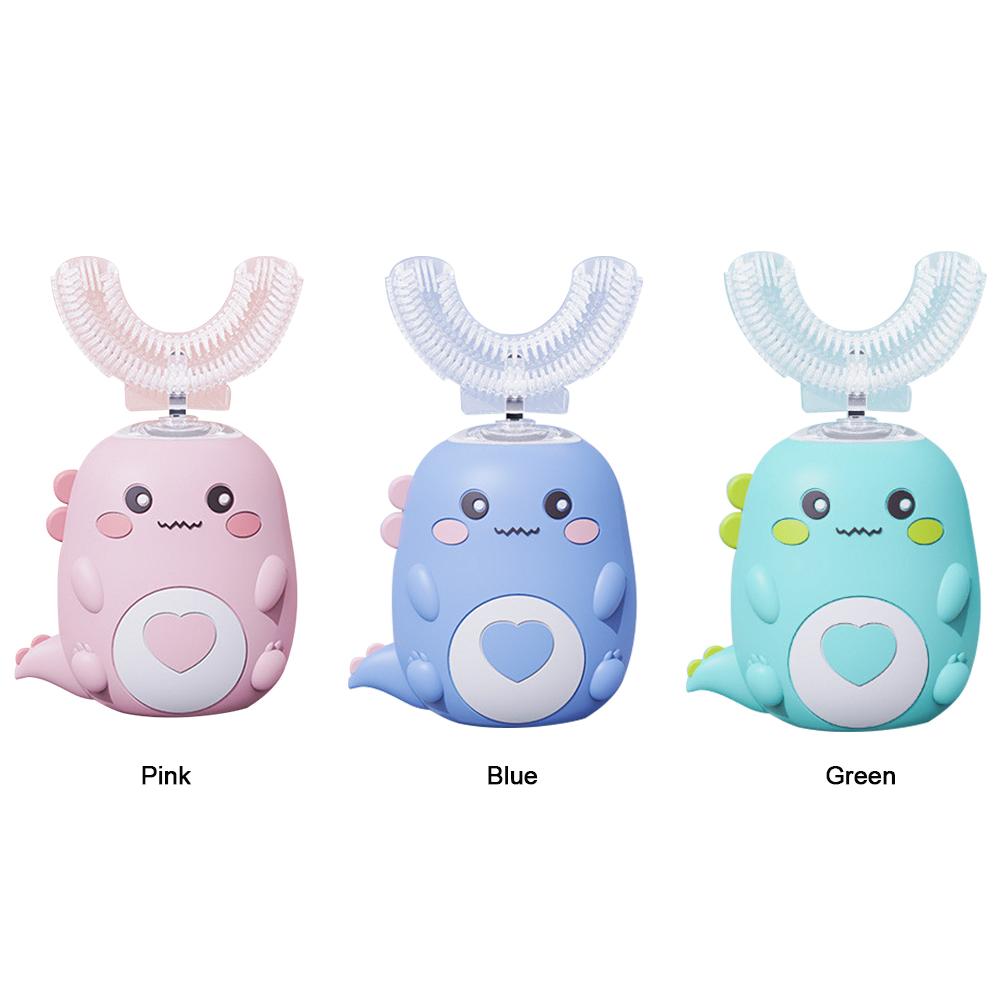 Kids Electric Toothbrush IPX7 Waterproof U-Shaped Smart Tooth Brush 3 Cleaning Modes Ultrasonic Toothbrushes Cartoon Dinosaur rosa