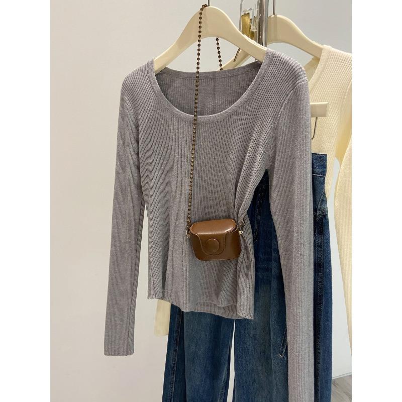 Texture u-neck front shoulder bottom knitted sweater women's autumn and winter slim-fit soft waxy sweater long-sleeved top