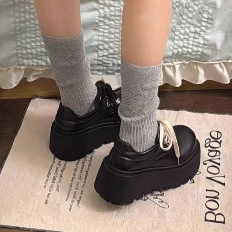 Round head versatile lace-up shorty Le black single shoes French British style thick-soled heightening small leather shoes women's autumn and winter
