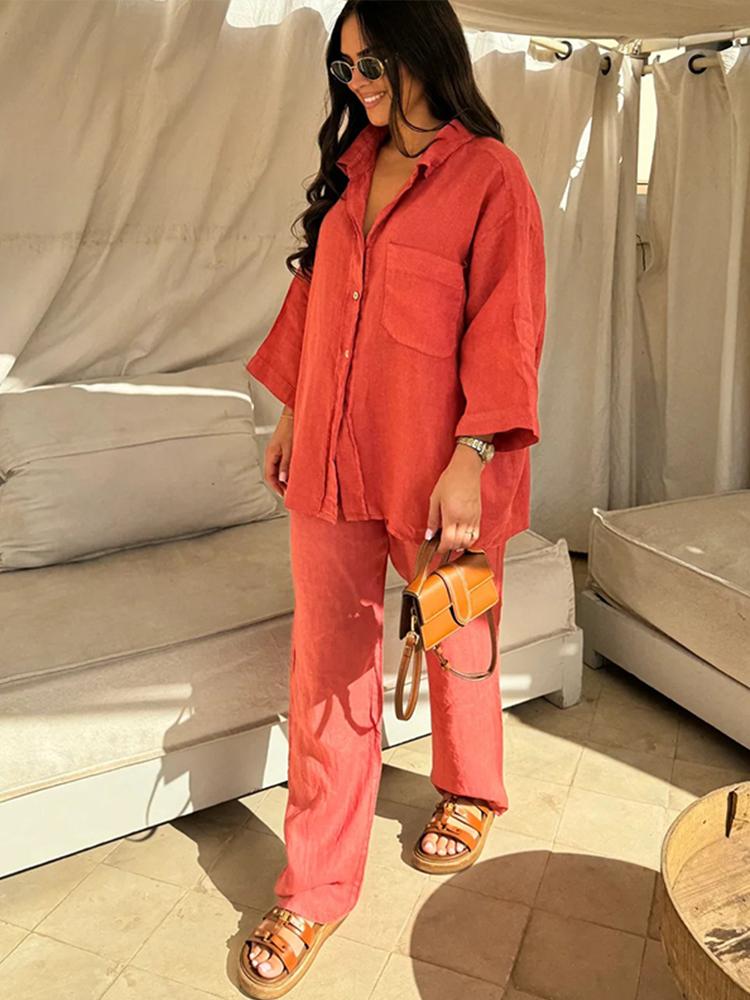 Vintage Solid Shirt Trousers Suit Women Single Breasted Long Sleeve Shirt Wide Leg Pants Summer Female Set