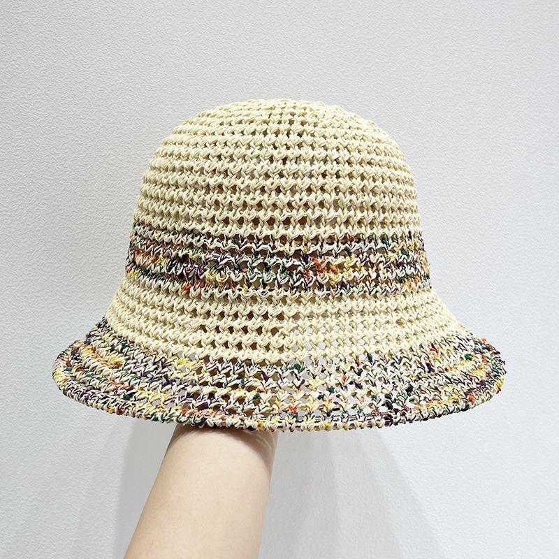 Summer Knitted Hollow Sunscreen and Sunshade Fisherman's Hat Women's Thin Breathable Colorful Vacation Style Woven Straw Hat