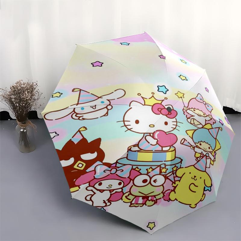 Star Sanrio Hello Kitty Little Twin Stars Automatic 3-Fold Cartoon Umbrella Design, Cute Cartoon Pattern, Portable Outdoor Umbrella, Perfect, Holiday