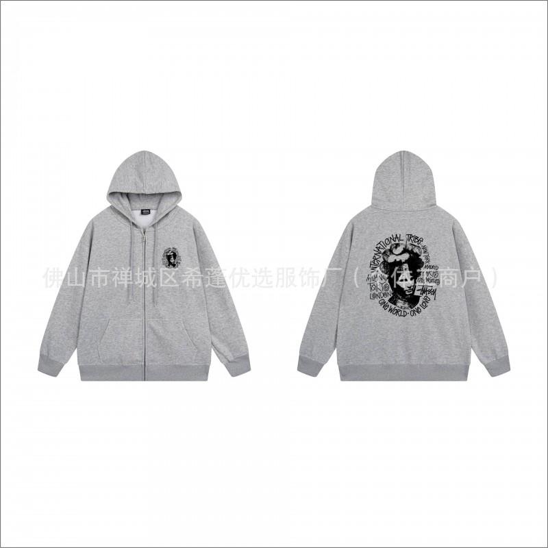 Hooded Zip-Up Sweatshirt Men Women Letter Print Loose Fit Casual Streetwear