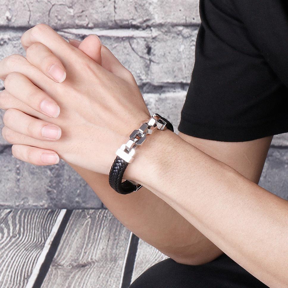 Friendship Man Bracelets Stainless Steel Braided Genuine Leather Wristband Cuff Bracelet Men Jewellery Gifts for Boyfriend Him