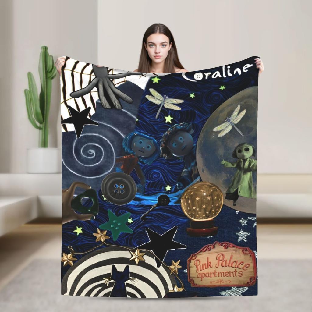 Coraline Halloween Horror Blankets Fleece Print   Multifunction Lightweight Throw Blankets for Bed Bedroom Bedspread