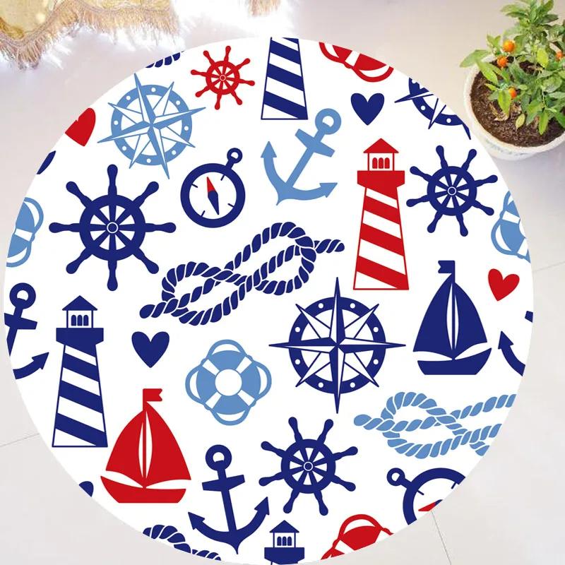 Compass Carpet Non-Slip Doormat Nautical Theme Floor Mat Round Area Rug for Bedroom Living Room Study Playing Room Decor