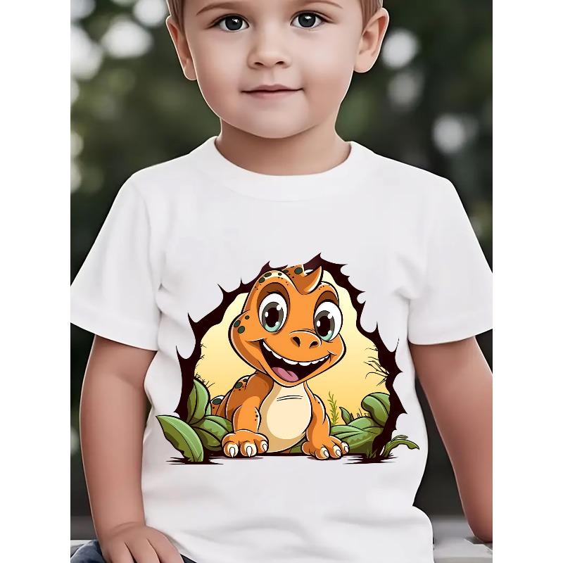 Boys Summer Crewneck T-Shirt, Cartoon Dinosaur Crawling Out From Hole Print Casual Outdoor Short Sleeve Kids Top