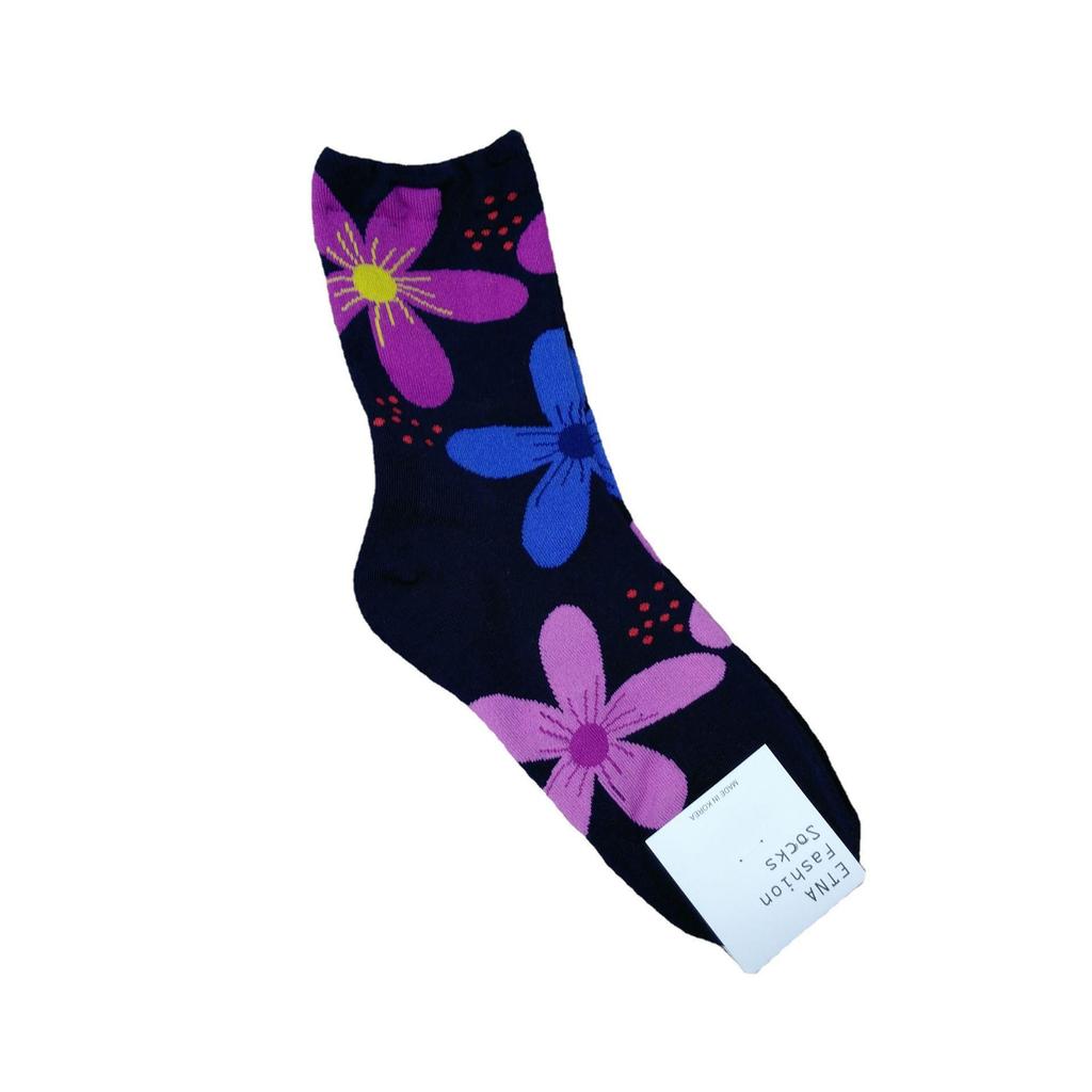 Korean Style Women's Floral Mid-Waist Cotton Socks - College Style with Big Flower Design