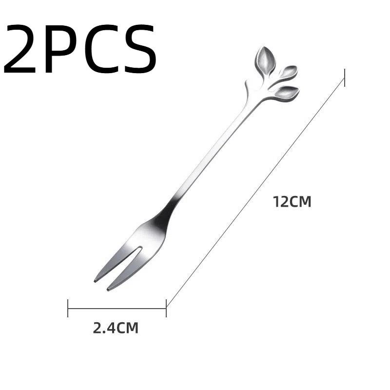 HANYANG Obstgabel aus Edelstahl, goldene Blätter, kreativer Gabellöffel aus Edelstahl, bunter Kaffeerührlöffel
