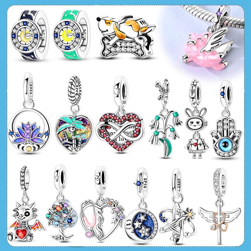 Copper Charms Beads Pendant Flying Piglet Crucifixion Bunny Robot Charm Fit Original Bracelet Women Jewelry Gift