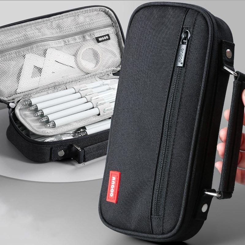 Portable Canvas Pencil Bag Student School Supplies Storage Bag Large Capacity Stationery Bag with Pen Holder Grid Belt Pen Case