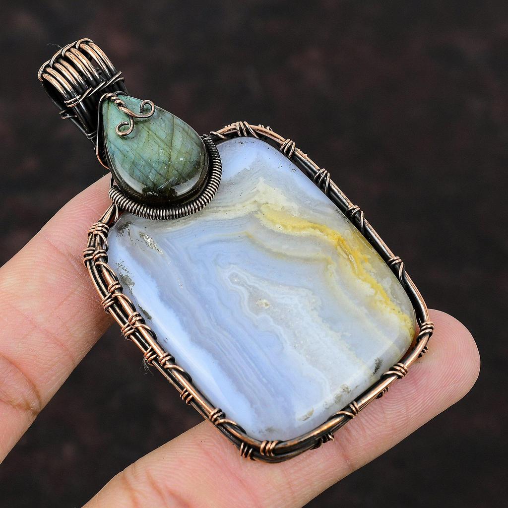Blue Lace Agate Pendant Labradorite Pendant Copper Wire Wrapped Pendant Handmade Jewelry Gift For Him Gemstone Wire Pendant Wrapped Jewelry
