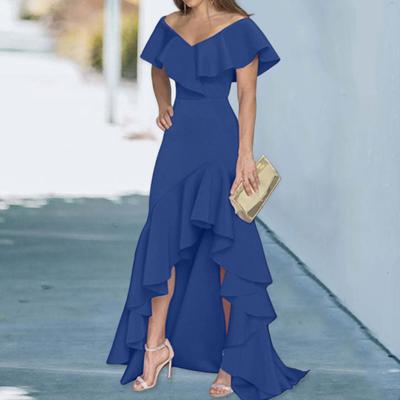 High-Waist Waist Tight Irregular High-Low Hem Women Dress Elegant Off Shoulder Ruffle Collar