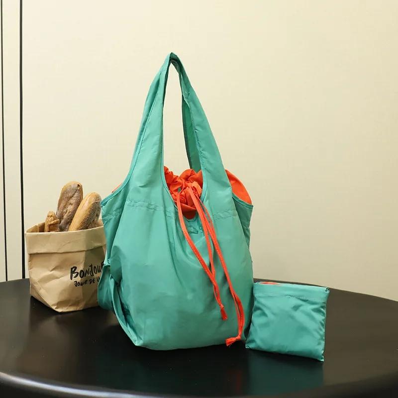 Reusable Drawstring Design Handbag Waterproof Nylon Foldable Shopping Bag Large Capacity Storage Bags Shopping Eco Bag Travel