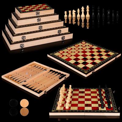 3-in-1 Wooden Chess, Checkers & Backgammon Set with Multiple Play Options - Non-Magnetic Board Game