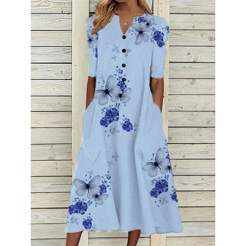 Women's Spring and Summer Printed Pocket V-neck Loose Casual Long Dress