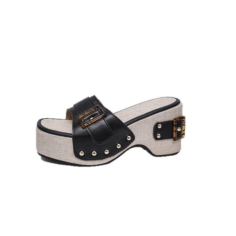 Silné Sandály na Vysokém Podpatku Dámské Letní Silné Vysoké Podpatky Nýty Rovný Pásek Dámské