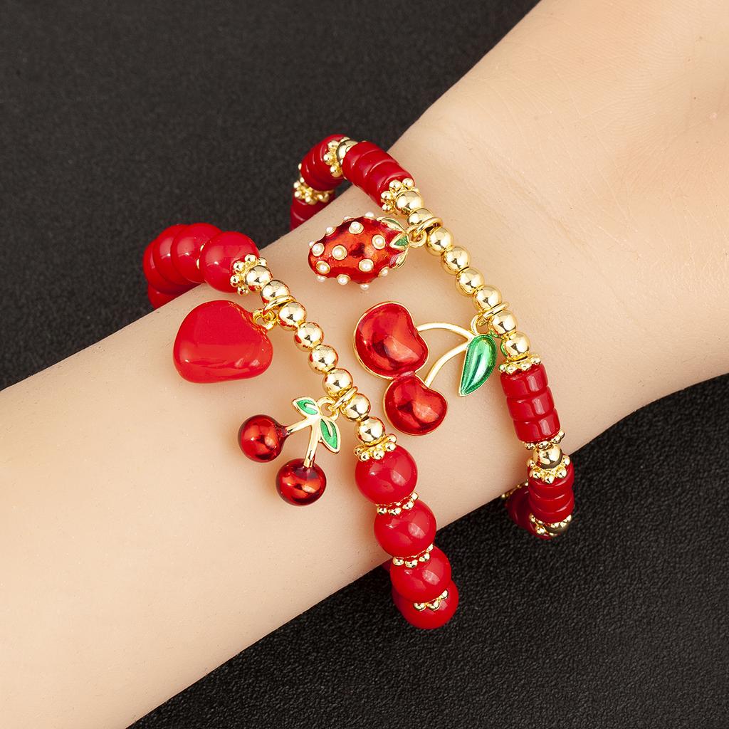 Nidin Fashion Cherry Shape Heart Red Beads Chain Bracelet For Women 3 Styles Choice Daily Versatile Jewelry Accessories Gifts
