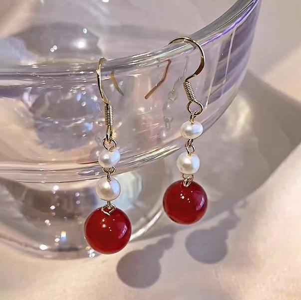 Natural pearl earrings New Chinese agate long earrings Light luxury red stud earrings